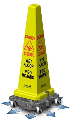 The Hurricone Industrial Floor Fan with a 36-inch Safety Cone, offered by Hurricone, enhances wet floor safety by efficiently drying surfaces. Its mobility is complemented by a yellow caution sign on wheels that warns "Caution Wet Floor" and "Cuidado Piso Mojado," featuring a slipping figure icon.