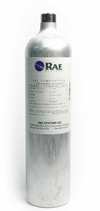 The RAE Systems Four-Gas Calibration Mix, 58 Liter 600-0050-003, features a silver cylinder with a black cap and a white label displaying a purple logo and details about its 4-Gas Mix composition. This RAE Systems calibration gas cylinder is positioned upright against a white background, offering crucial manufacturer information for accurate applications.