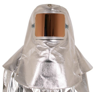 A close-up view shows a person wearing a heat-resistant silver suit, including an NSA Deluxe Aluminized Thermobest Hood with a reflective visor that covers the face. This safety equipment appears designed for protection against extreme temperatures and heat exposure.