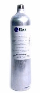 A cylindrical metal canister featuring a label with the RAE Systems logo and details about gas composition is topped with a cap. It is used for storing or transporting the RAE Systems Phosphine Calibration Gas 600-0059-000, essential for devices such as the ToxiRAE Pro in gas detection tasks.