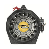 The RamFan Air Driven 12 in. Intrinsically Safe Blower AFi75XX from Euramco is designed with a black industrial aesthetic and a circular structure, featuring a yellow central label that reads "RAMFAN TurboForce." Suitable for hazardous work environments, it is securely enclosed within a robust black frame and has a visible red cord at the top.