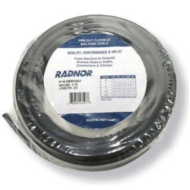 Black Radnor welding cable coiled and labeled as "RADNOR 2/0 Flexible Welding Cable 25ft 64003509," wrapped in clear plastic. It features EPDM rubber insulation and is rated for 600 V. Specifications include part number, gauge (2/0), and length (25 ft). Proudly made in the USA.