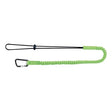 The PIP Single Leg Tool Tethering Lanyard by Protective Industrial Products features a green elastic shock cord with a black loop on one end and a silver carabiner on the other, ideal for tool tethering applications.