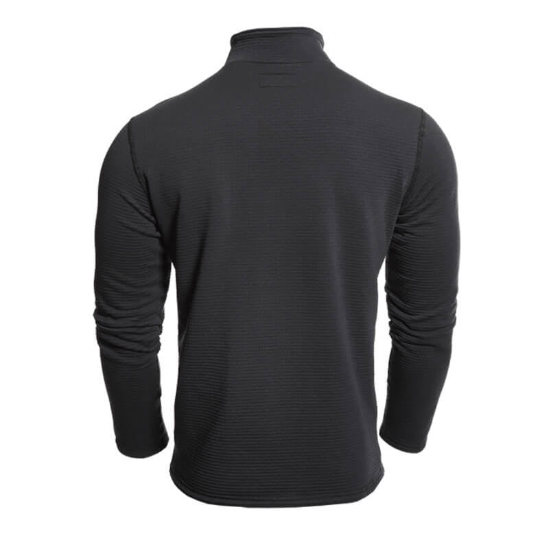 The image showcases the NSA DRIFIRE Power Grid FR Fleece 1/4 Zip, a flame-resistant, long-sleeved jacket in black. It features a high collar and a slim-fit design. The textured FR fleece fabric with visible horizontal ridges enhances its moisture-wicking capability.