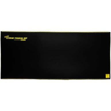 The black rectangular "ErgoKneel Extreme Standing Mat" by Working Concepts, labeled with yellow text and details along the edges, boasts a simple, modern design perfect as an anti-fatigue mat for standing work areas.