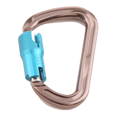 The Skylotec Aluminum Mod. D Carabiner H-194 by Skylotec features a shiny bronze finish and a blue twist-lock gate, making it ideal for climbing and securing ropes. Its D-shaped design ensures maximum strength and reliability.