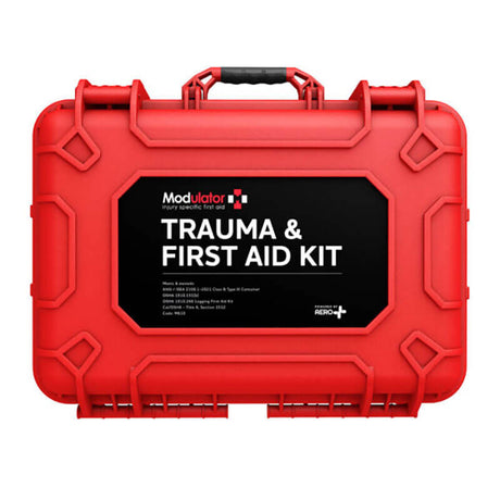 The Aero Healthcare RapidStop Modulator Trauma Kit M610 is an ANSI Class B certified, bright red first aid and trauma kit. It features a sturdy handle and a black label detailing its contents, branded by Aero Healthcare. Designed for emergency responses, this durable case emphasizes safety and preparedness and optionally includes a RapidStop Tourniquet for critical situations.