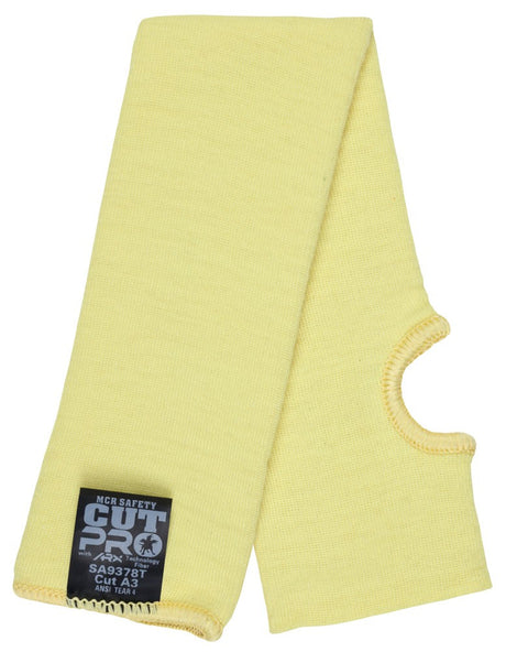 The MCR Safety Cut Pro 7 Gauge 18" ThumbSlot Aramid Sleeve, available in packs of 10, is a yellow cut-resistant sleeve with a thumb hole that provides ANSI Cut Level A3 protection. It features ARX aramid fibers for enhanced safety and has a black tag displaying the MCR Safety branding to ensure reliable performance.