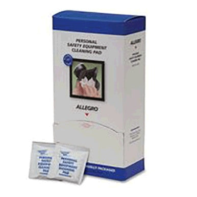 A box of Allegro 3001 Alcohol-Free Respirator Cleaning Wipes for personal safety equipment, with two individual packets displayed in front. The box is branded "Allegro" and showcases an image demonstrating their use on respirator face pieces.