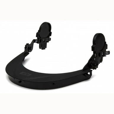 The Pyramex Safety Ridgeline Cap Style Hard Hat Adapter HHABCMR is a stylish black head-mounted device featuring two circular attachments designed to fit comfortably around the wearer's head. With its adjustable clamping mechanisms and hinges, this adapter offers versatility, making it ideal for integrating safety glasses or a face shield.