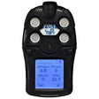 The mPower POLI MP400 Diffusion 4-Gas Detector by mPower Electronics is a handheld device with a digital display that shows readings for H2S, CO, LEL, and O2. It features four sensor ports and has buttons labeled "Test" and "OK." Designed for confined space entry, the screen typically displays 0.0 for gases and 20.9 for O2.