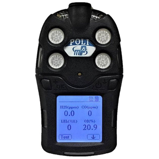 The mPower POLI MP400 Diffusion 4-Gas Detector by mPower Electronics is a handheld device with a digital display that shows readings for H2S, CO, LEL, and O2. It features four sensor ports and has buttons labeled "Test" and "OK." Designed for confined space entry, the screen typically displays 0.0 for gases and 20.9 for O2.