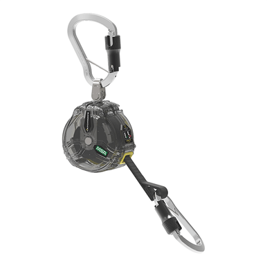 The MSA Latchways Arc Flash PFL, 6.5' 63032-00N, is a self-retracting lanyard with carabiners on both ends. It features a transparent casing that reveals its internal mechanisms and is designed for fall protection, compliant with OSHA ANSI Z359.14 standards. The device comes in black and gray with the distinctive green "MSA" logo.