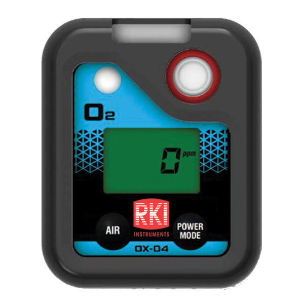 Introducing the RKI Instruments OX-04 Series O2 Single Gas Monitor 72-0018, an intrinsically safe device featuring a sleek black and blue design. The monitor prominently displays "0 ppm" on its screen, perfect for personal use. It includes buttons for "Air" and "Power/Mode," all under the trusted RKI Instruments branding, ensuring reliable monitoring of oxygen levels.