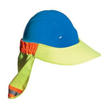 The PIP High Vis Hard Hat Visor 396-800 by Protective Industrial Products is a blue safety helmet equipped with a hi-vis yellow sun shield and neck flap, featuring orange and gray reflective stripes.