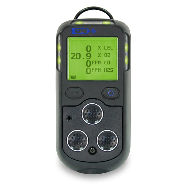 The Teledyne GMI Model PS200 4-Gas Detector 64041, a portable device featuring a digital screen, shows readings for oxygen, carbon monoxide, hydrogen sulfide, and combustible gases. This dark gray detector is equipped with buttons and sensor openings on the front to ensure reliable gas detection wherever it is needed.