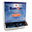 Coretex Sun X 50 Sunscreen Lotion Pouches 61663 (50/Box) offers SPF 50 UVA/UVB protection and water resistance. Each box features a blue/orange label and has a pull tray for easy dispensing of individual pouches.