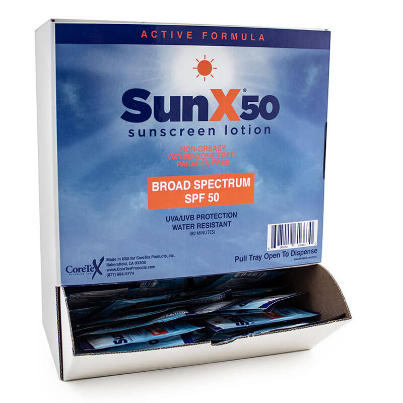 Coretex Sun X 50 Sunscreen Lotion Pouches 61663 (50/Box) offers SPF 50 UVA/UVB protection and water resistance. Each box features a blue/orange label and has a pull tray for easy dispensing of individual pouches.