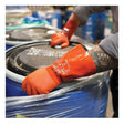 A person wearing SHOWA ATLAS 620 Chemical Gloves by Showa Best seals a black lid on a blue industrial barrel, with other similar barrels in the background.