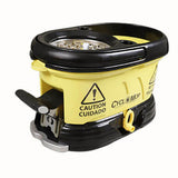 A yellow and black cleaning mop bucket branded with "Hurricone" on the side, featuring a stainless steel wringer and a caution symbol on top, designed to complement the Hurricone CycloMop Spin Mop with Dolly CM500D for efficient 360-degree rotating spin cleaning.