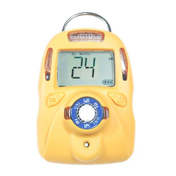 The mPower UNI 321 MP102 2 Yr O2 Single Gas Detector M015-0003-000 from mPower Electronics is a yellow device that features a large LCD showing the number 24. It includes control buttons and a circular dial at the bottom, offering both functionality and easy readability.