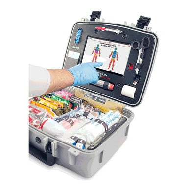 A medical professional wearing a blue glove uses a touchscreen inside the ZOLL Mobilize Comprehensive Rescue System 8911-001000-01. This portable medical kit from ZOLL is equipped with various neatly organized medical supplies, including vials and syringes, for efficient use.