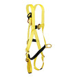The French Creek Lightweight Full Body Harness, Hip D-rings 631B by French Creek Production features adjustable straps, metal buckles, leg loops, shoulder straps, and a central D-ring. It meets ANSI Z359 standards for personal fall protection.