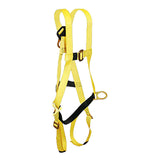 The French Creek Lightweight Full Body Harness, Hip D-rings 631B by French Creek Production features adjustable straps, metal buckles, leg loops, shoulder straps, and a central D-ring. It meets ANSI Z359 standards for personal fall protection.