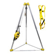 The French Creek Production 7' 631 Confined Space Rescue System is a portable tripod with a yellow harness, adjustable metallic legs, pulley, winch, and safety chains for confined space rescue and fall protection.