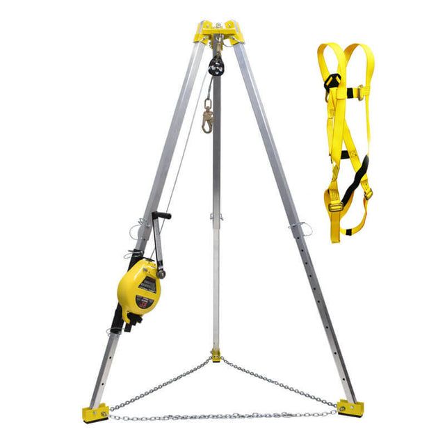 The French Creek Production 7' 631 Confined Space Rescue System is a portable tripod with a yellow harness, adjustable metallic legs, pulley, winch, and safety chains for confined space rescue and fall protection.