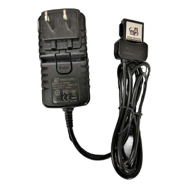 Displayed is the mPower POLI MP400/NEO MP18X US Charging Adaptor (model M004-3021-000) from mPower Electronics. It features a black body with a two-prong plug, includes specifications on its surface along with the word "push" near the top, and has an attached cable ending in a proprietary connector instead of a standard MicroUSB.