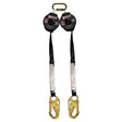 The French Creek Rogue SRL Dual-Leg M2RG-0Z from French Creek Production includes two retractable fall arrest lanyards with black webbing, gold carabiners, and metal hooks. Designed to enhance safety in construction and climbing, it features an innovative centrifugal braking mechanism that guarantees reliable performance when it's needed most.