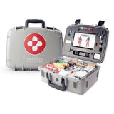 A gray first aid kit with the ZOLL logo is open, displaying a range of medical supplies and a tablet showing a medical diagram. This ZOLL Mobilize Comprehensive Rescue System 8911-001000-01 is designed for effective emergency response. A closed kit is visible in the background.