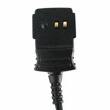 Close-up of the BW Honeywell Vehicle Power Adapter GA-VPA-1, a black electric cable with a two-prong connector featuring a rectangular shape and gold-colored prongs. It is compatible with BW Technologies and includes a flexible, coiled section near the connector end, making it ideal for use as a charger for the GasAlert series.