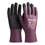 A pair of PIP ATG MaxiDry Elite Fully Coated Gloves 64-226, featuring a purple and black design and renowned for oil resistance, with product specifications printed on one glove, displayed against a white background.