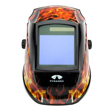 The LEADHEAD Auto Darkening Helmet - Flame WHAM3030FL by Pyramex Safety showcases a vibrant flame pattern on a sleek black surface. It boasts a rectangular viewing screen and convenient adjustment knobs on the sides, with the Pyramex logo prominently featured on the front for added style and safety during welding tasks.