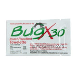 The packaging of the Coretex BugX Insect Repellent Towelettes 100/Case 12640 emphasizes the effectiveness of their DEET-based insect repellent in a water-based formula. An illustration of a mosquito near the brand logo complements the usage and safety warnings printed on the package.