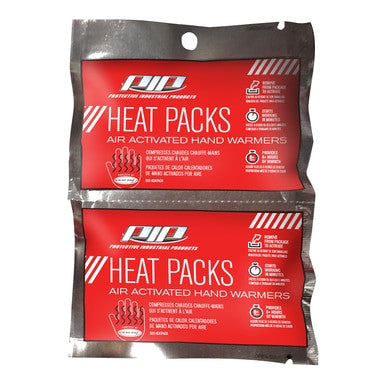 Two red packages of mini hand warmers with white text and graphics are shown. Each package is labeled "PIP Heat Packs" and "Air Activated Hand Warmers," featuring instructions and icons for use. The PIP - Protective Industrial Products logo is prominently displayed at the top.