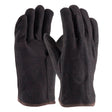 The PIP Economy Polyester/Cotton Jersey Gloves feature a dark brown color and soft fabric texture, making them ideal for warehousing protection. Designed by Protective Industrial Products, these gloves offer a simple, classic style with slightly rounded fingertips and contrasting trim at the wrist, providing reliable performance for those seeking dependable hand protection.