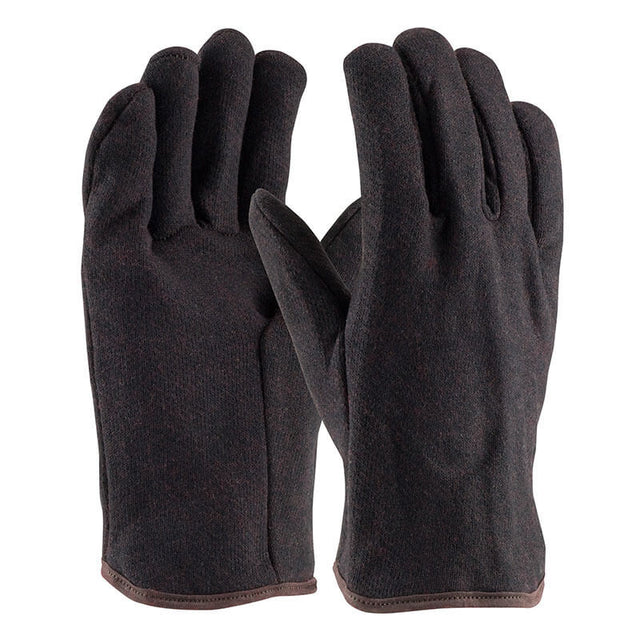 The PIP Economy Polyester/Cotton Jersey Gloves feature a dark brown color and soft fabric texture, making them ideal for warehousing protection. Designed by Protective Industrial Products, these gloves offer a simple, classic style with slightly rounded fingertips and contrasting trim at the wrist, providing reliable performance for those seeking dependable hand protection.