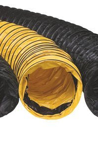 The versatility of two Allegro flexible ventilation ducts is highlighted in this close-up image. On the left, the Allegro 8 in. Vinyl-Coated Polyester Duct (15 ft.) 9500-15, features a striking yellow color with black rings, offering a peek into its intriguing interior. Meanwhile, an entirely black duct complements this robust configuration, emphasizing functionality in confined spaces.