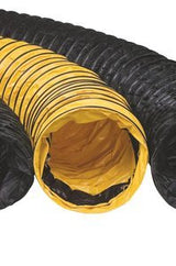 The versatility of two Allegro flexible ventilation ducts is highlighted in this close-up image. On the left, the Allegro 8 in. Vinyl-Coated Polyester Duct (15 ft.) 9500-15, features a striking yellow color with black rings, offering a peek into its intriguing interior. Meanwhile, an entirely black duct complements this robust configuration, emphasizing functionality in confined spaces.