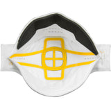 A top view of the PIP Springfit N95 Flat Fold Disposable Respirator 272-RPD421N95 reveals its white design with a yellow valve and adjustable straps to ensure a secure fit. This mask, offered by Protective Industrial Products (PIP), is crafted for respiratory protection and features a structured shape for enhanced comfort and effectiveness.