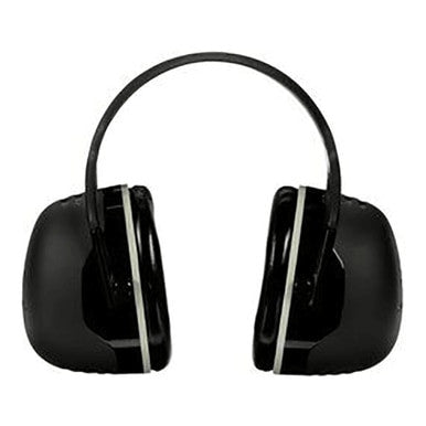 A pair of 3M Peltor X5 Dielectric Earmuffs X5A in black showcase a minimalist design, with a wide dielectric headband connecting two cushioned ear cups that provide top noise reduction. They are displayed isolated on a white background.