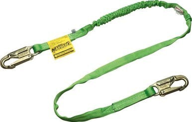 Introducing the Miller Manyard 6 ft. HP Shock-Absorbing Lanyard 216TWLS-Z7/6FTGN by Miller Fall Protection, a green safety lanyard equipped with Miller hooks and two metal clips at each end for fall protection. It includes a yellow label with text and features an elastic section designed for effective shock absorption.