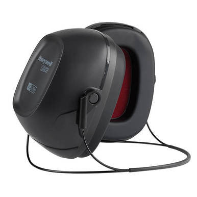 The Howard Leight Honeywell VS130N VeriShield Neckband Earmuff 1035116-VS, featuring advanced Air Flow Control Technology and an adjustable headband with red interior padding, is displayed against a white background.