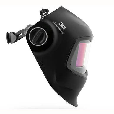 The 3M Speedglas Welding Helmet G5-02 Complete Helmet Assembly from 3M features a sleek, dark, angular design with a prominent adjustable knob on the side and a clear front lens. Equipped with advanced Speedglas technology and a curved auto-darkening filter, this helmet is perfect for professional welding tasks.