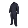 The MCR Safety FR Contractor Coverall Navy CCMN is a dark blue, long-sleeved, flame-resistant coverall with a collar, front zipper, chest pockets, and an embroidered patch on the left sleeve, shown on a headless, handless mannequin.