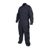The MCR Safety FR Contractor Coverall Navy CCMN is a dark blue, long-sleeved, flame-resistant coverall with a collar, front zipper, chest pockets, and an embroidered patch on the left sleeve, shown on a headless, handless mannequin.