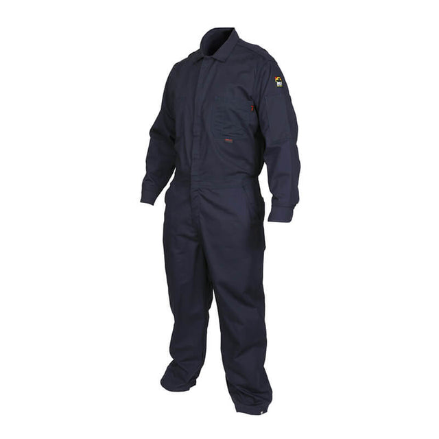 The MCR Safety FR Contractor Coverall Navy CCMN is a dark blue, long-sleeved, flame-resistant coverall with a collar, front zipper, chest pockets, and an embroidered patch on the left sleeve, shown on a headless, handless mannequin.